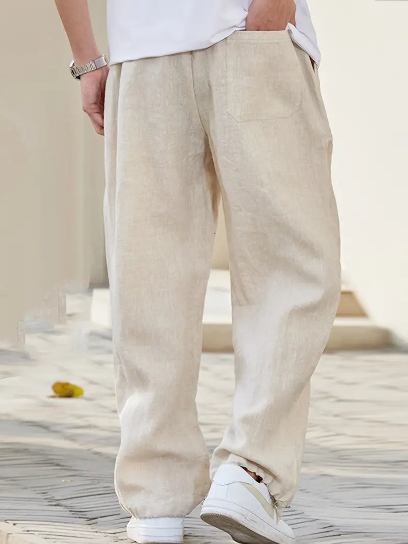 Men’s Linen Pants with Elastic Drawstring Waist and Wide-Leg Fit