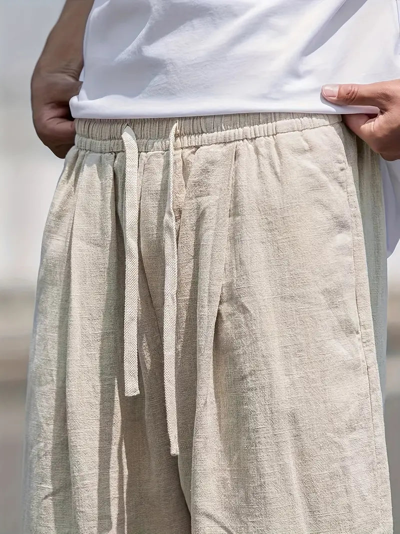 Men’s Linen Pants with Elastic Drawstring Waist and Wide-Leg Fit