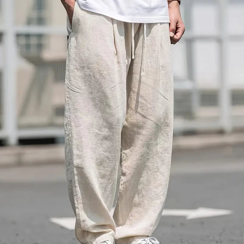 Men’s Linen Pants with Elastic Drawstring Waist and Wide-Leg Fit