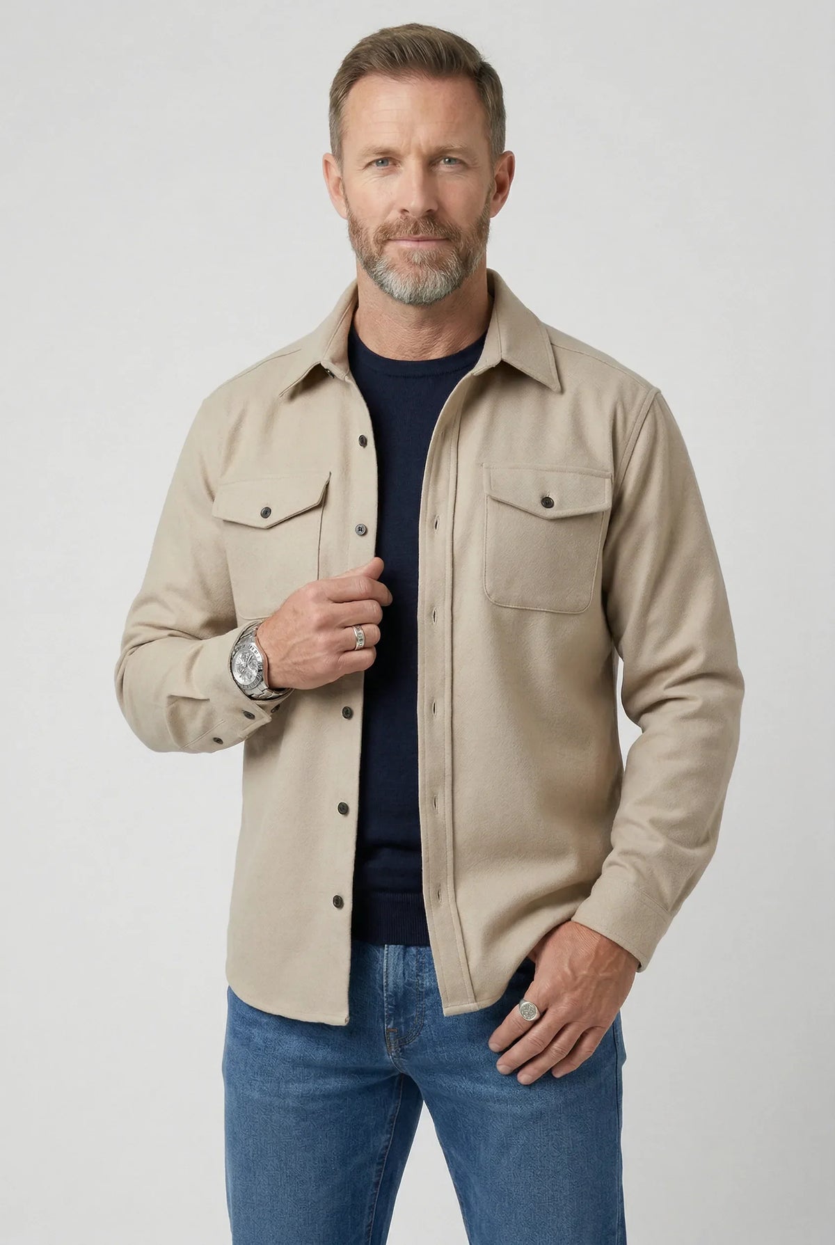 Men's Brushed Button-Up Overshirt with Chest Pockets