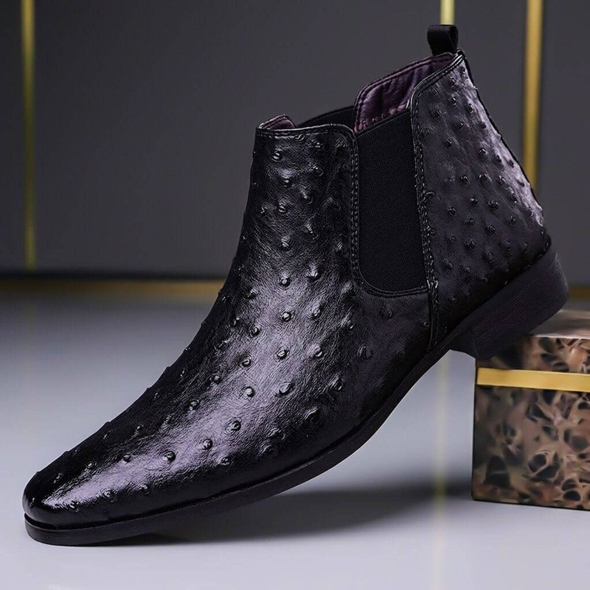 Men's Ostrich-Embossed Leather Chelsea Ankle Boots Slip-On