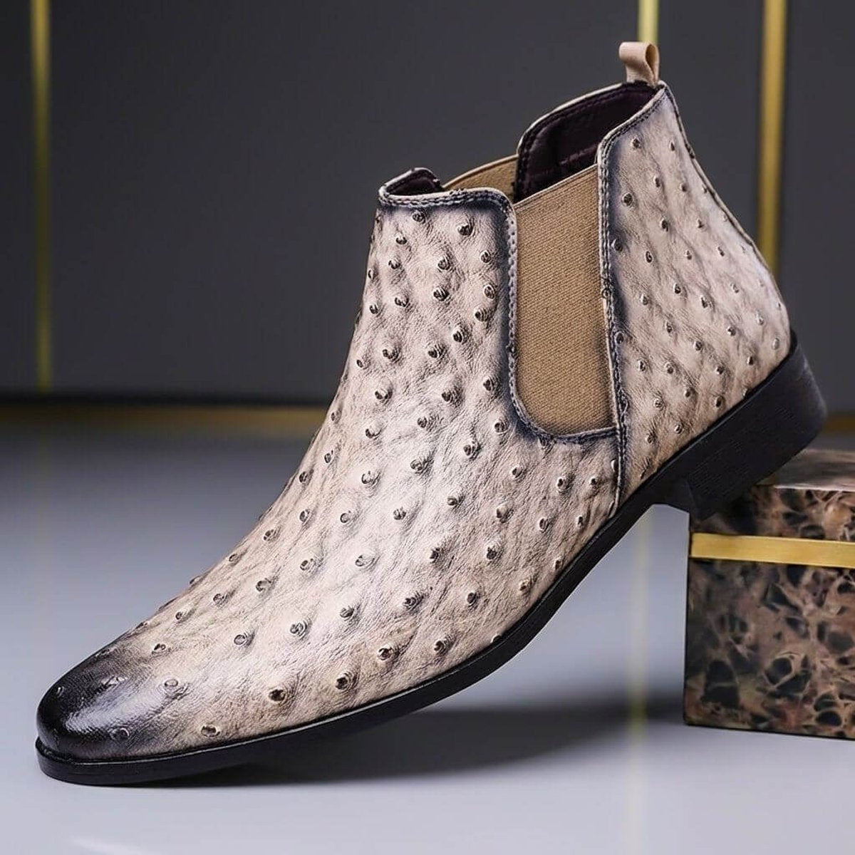 Men's Ostrich-Embossed Leather Chelsea Ankle Boots Slip-On