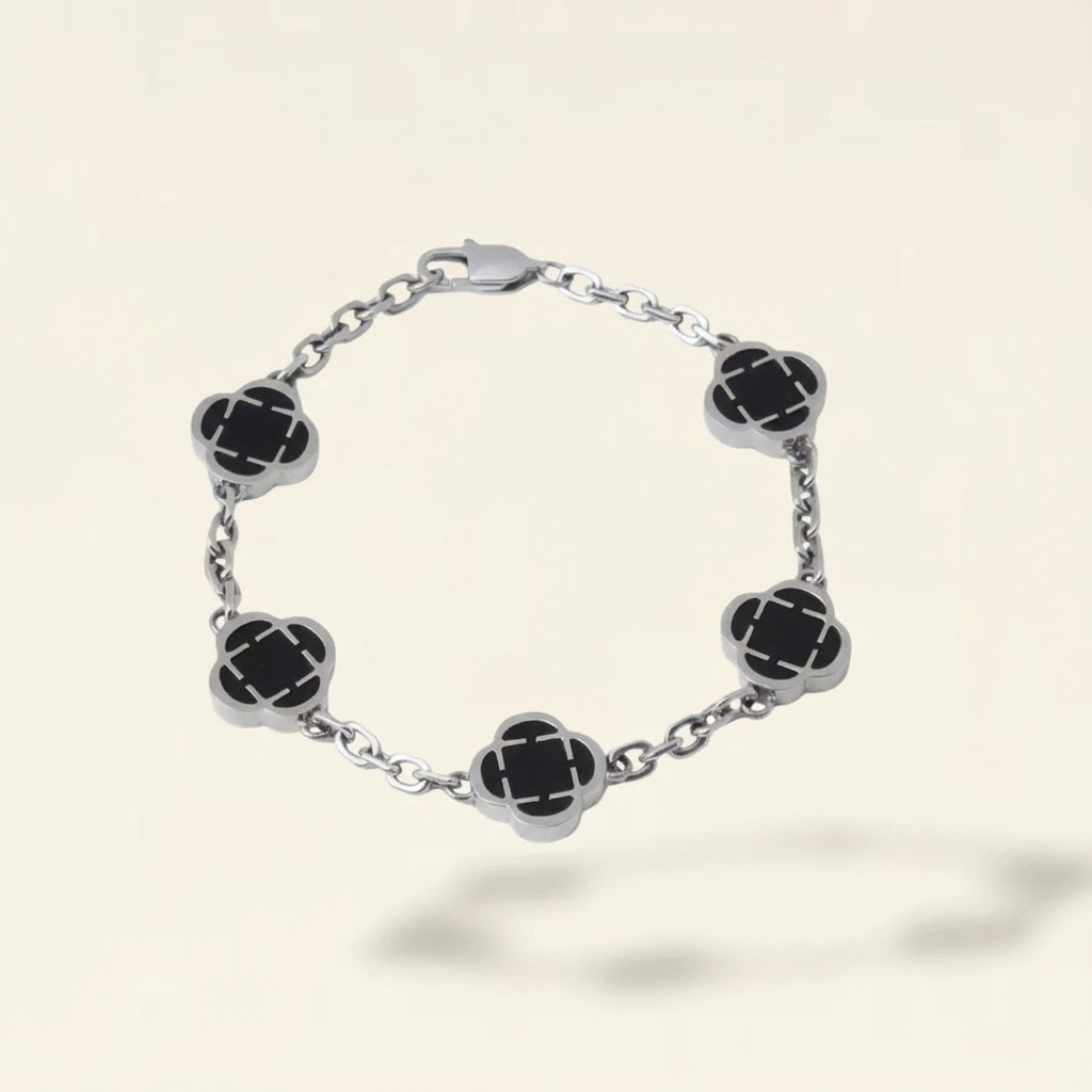 Clover Onxy Stone Bracelet Silver - Black