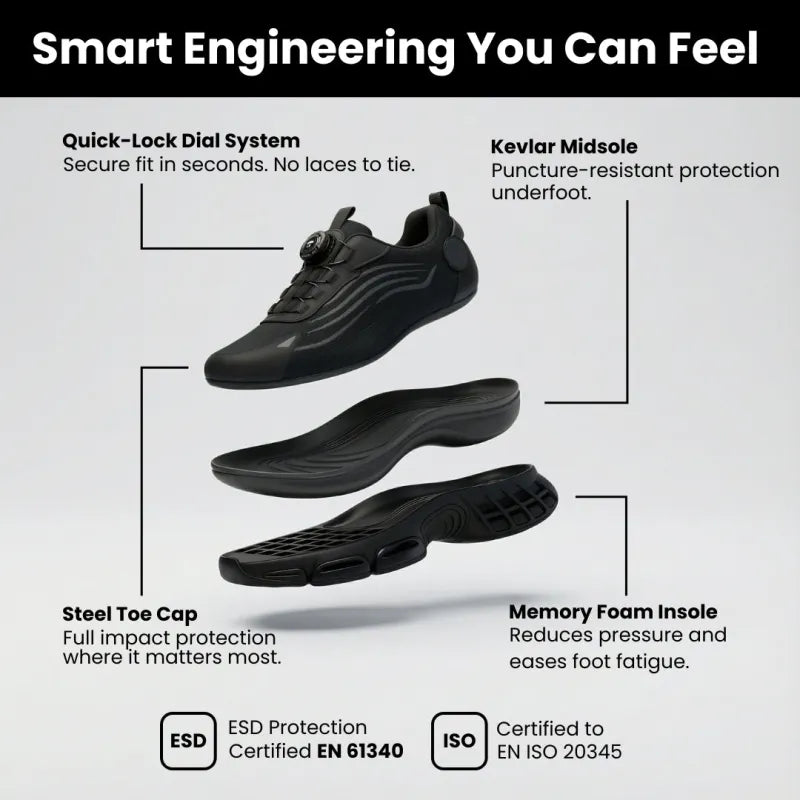Men's Safety Trainers - Steel Toe Lightweight Work Shoes  with Dial Lacing, Slip-Resistant, Breathable Mesh