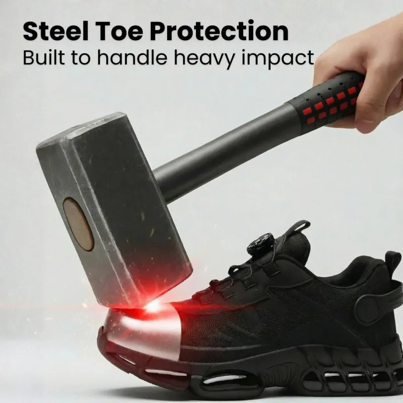Men's Safety Trainers - Steel Toe Lightweight Work Shoes  with Dial Lacing, Slip-Resistant, Breathable Mesh