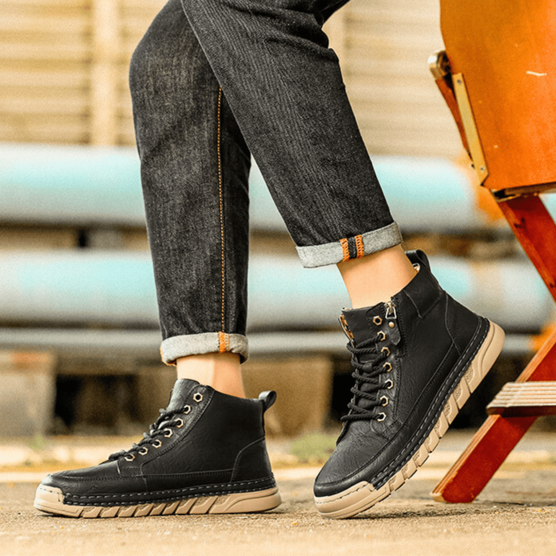 Men’s Leather Ankle Boots Casual Lace Up Walking Boots Lightweight Outdoor Shoes