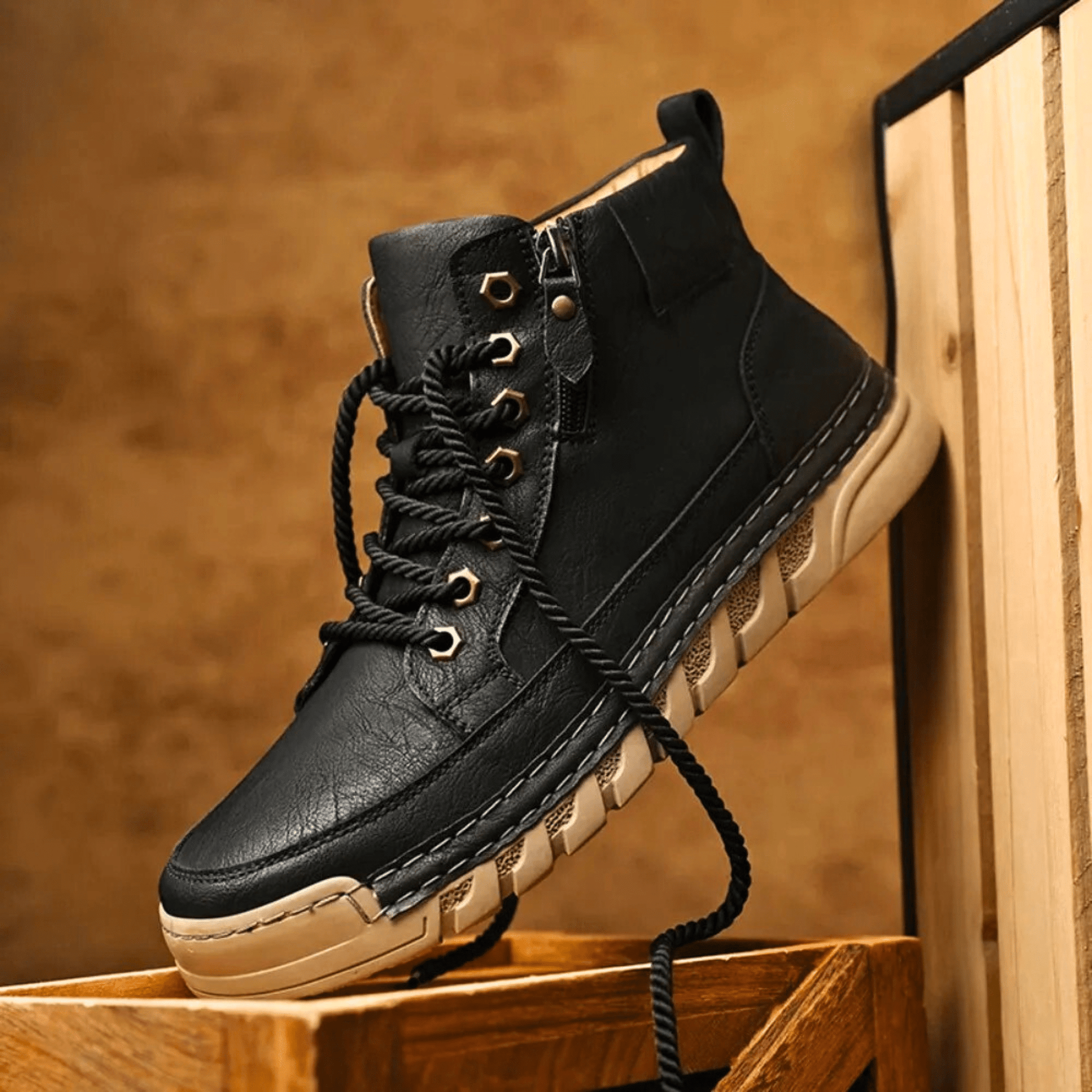 Men’s Leather Ankle Boots Casual Lace Up Walking Boots Lightweight Outdoor Shoes