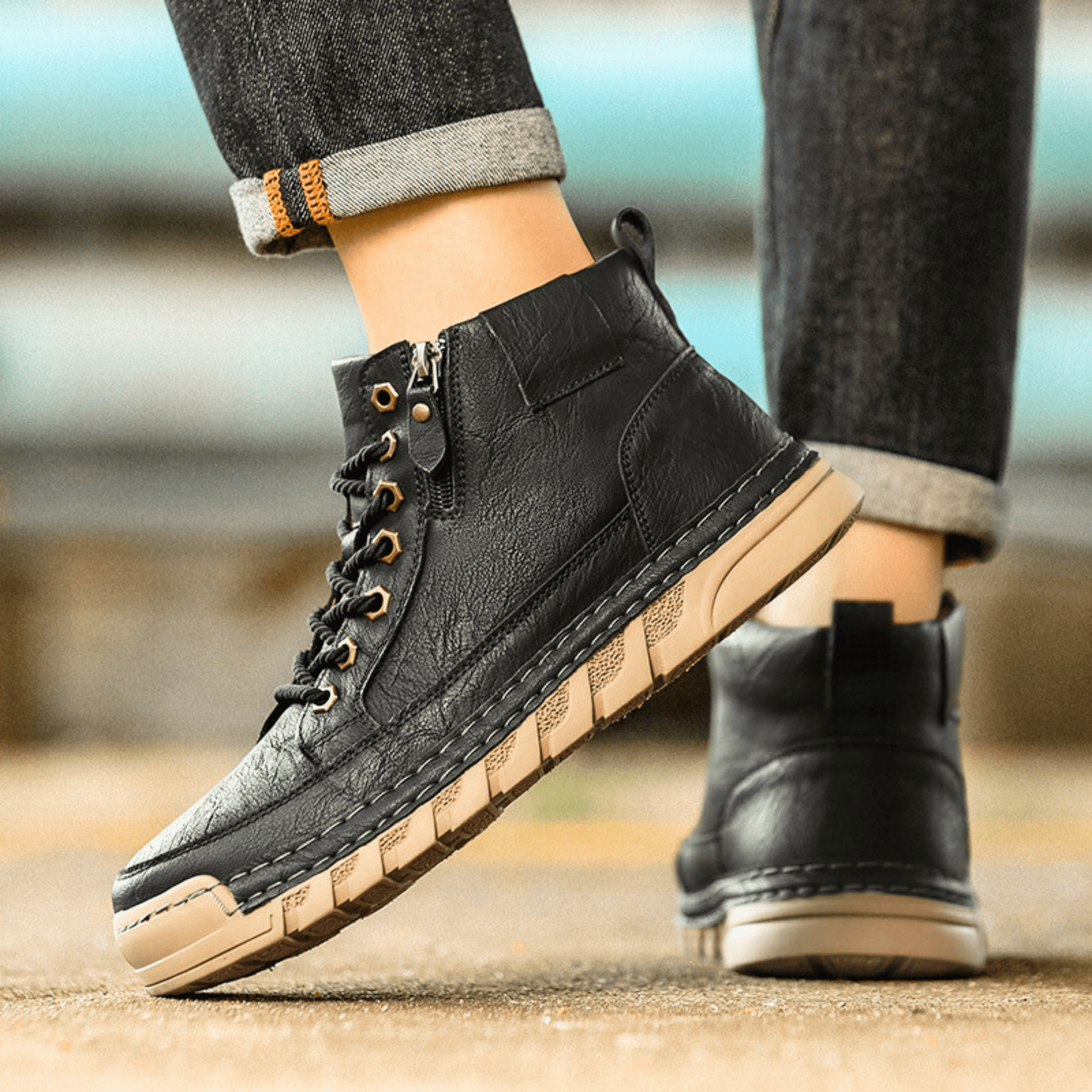 Men’s Leather Ankle Boots Casual Lace Up Walking Boots Lightweight Outdoor Shoes