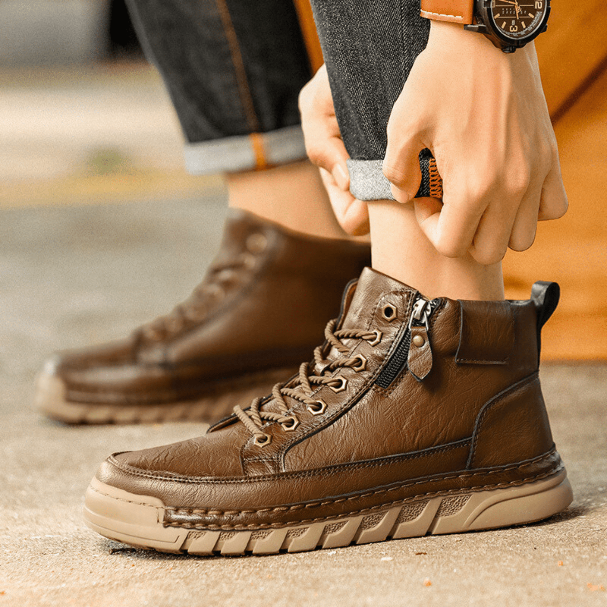 Men’s Leather Ankle Boots Casual Lace Up Walking Boots Lightweight Outdoor Shoes