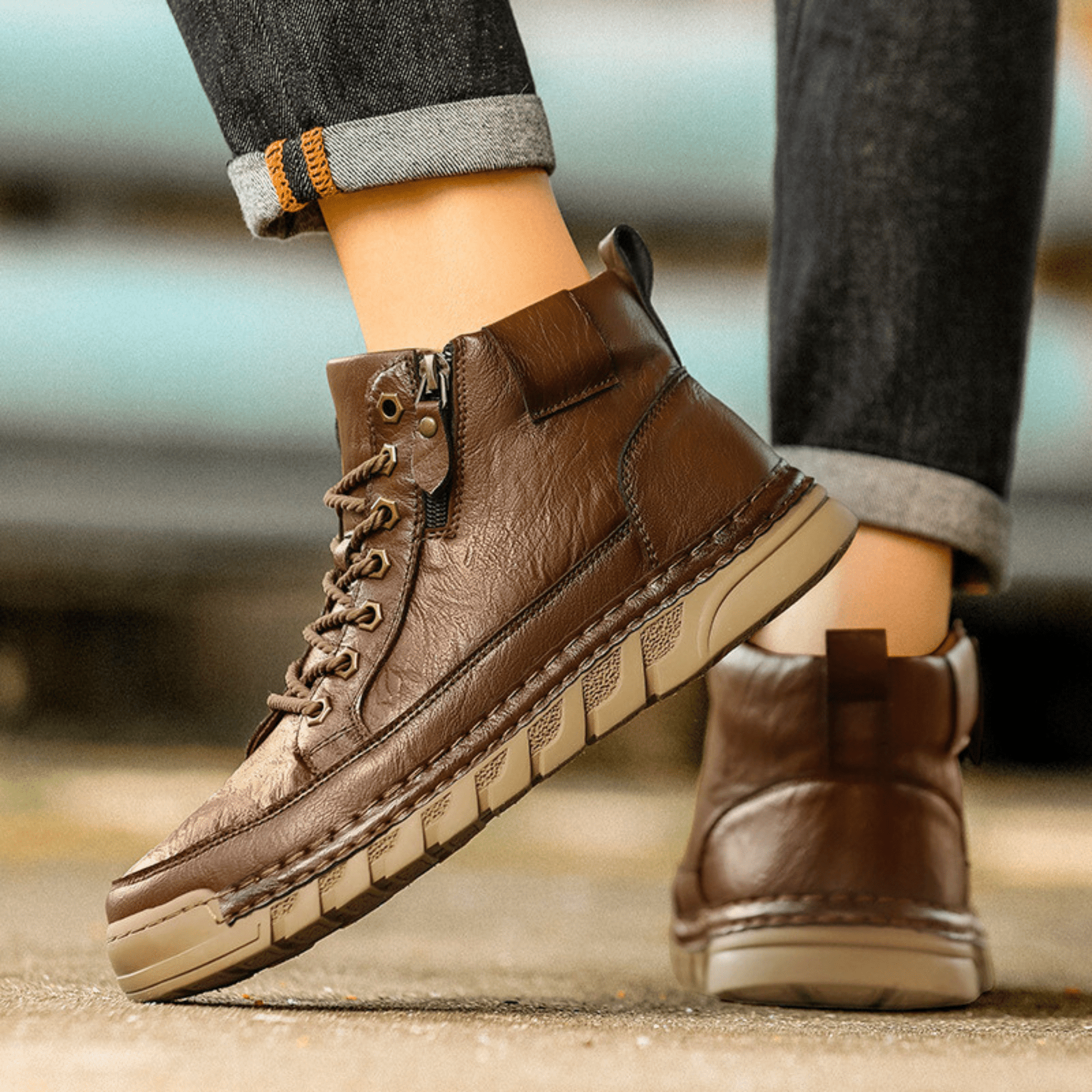 Men’s Leather Ankle Boots Casual Lace Up Walking Boots Lightweight Outdoor Shoes
